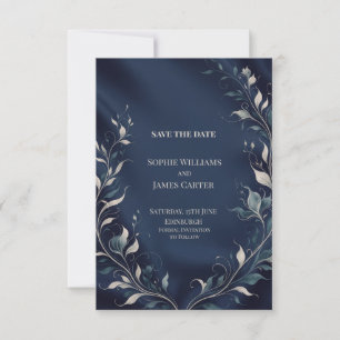 Navy Blue Minimalist Vine Leaf Save the Date