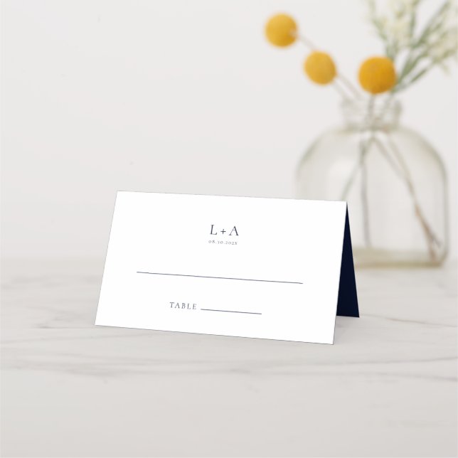 Navy Blue Minimalist Wedding Place Card (Front)