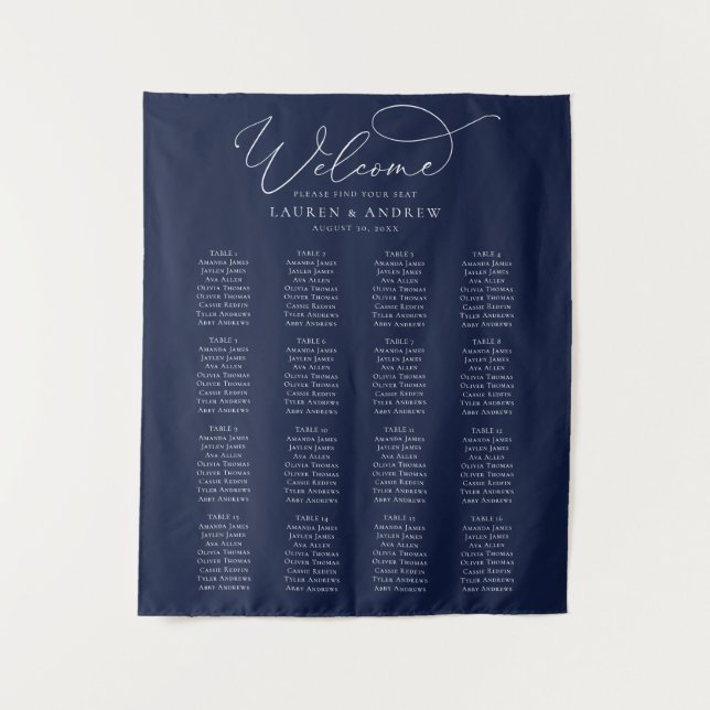 Navy Blue Minimalist Wedding Seating Chart Tapestry (Front)