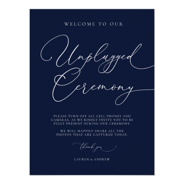 Navy Blue Minimalist Wedding Unplugged Ceremony Poster (Front)