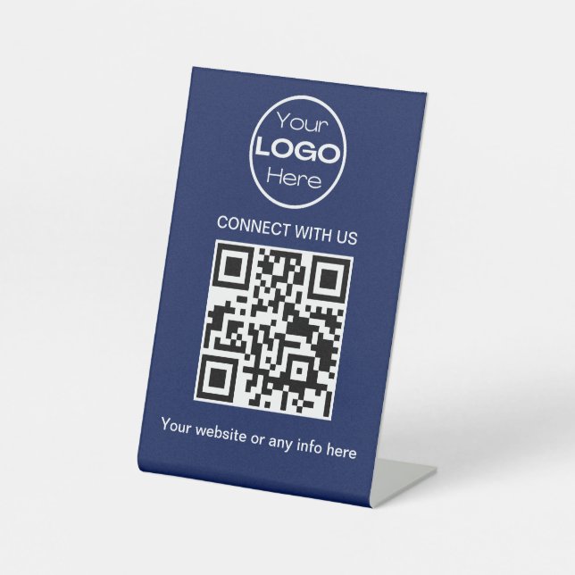 Navy Blue Minimalistic Business Logo and QR Code  Pedestal Sign (Front)