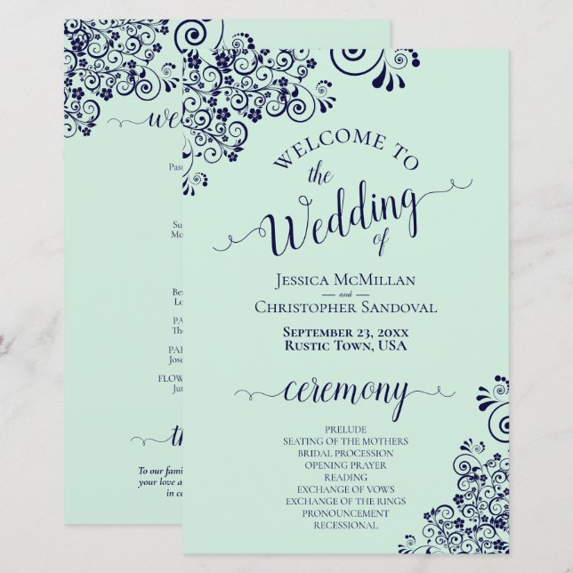 Navy Blue & Mint Green BUDGET Wedding Program (Front/Back)