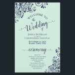 Navy Blue & Mint Green BUDGET Wedding Program<br><div class="desc">These wedding programs are elegant and tasteful, while still being budget friendly. The design features ornate navy blue lace frills and script calligraphy on a pale mint green coloured background. The typography features lacy script calligraphy, and there is room for details on the ceremony, the bridal party, and a short...</div>