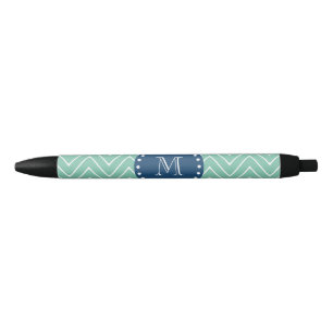 Navy Blue, Mint Green Chevron Pattern Your Monog Black Ink Pen