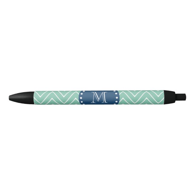 Navy Blue, Mint Green Chevron Pattern | Your Monog Black Ink Pen (Front)