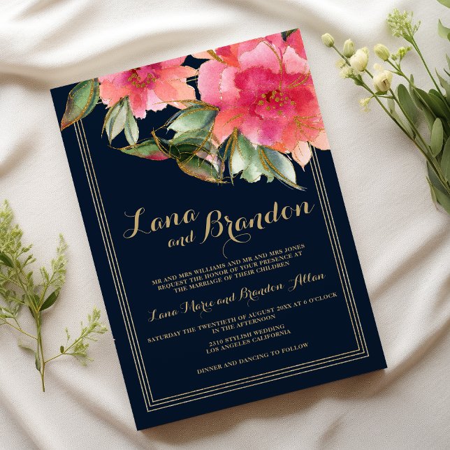 Navy blue mint pink gold glitter floral wedding invitation (Navy blue mint pink gold glitter floral wedding )