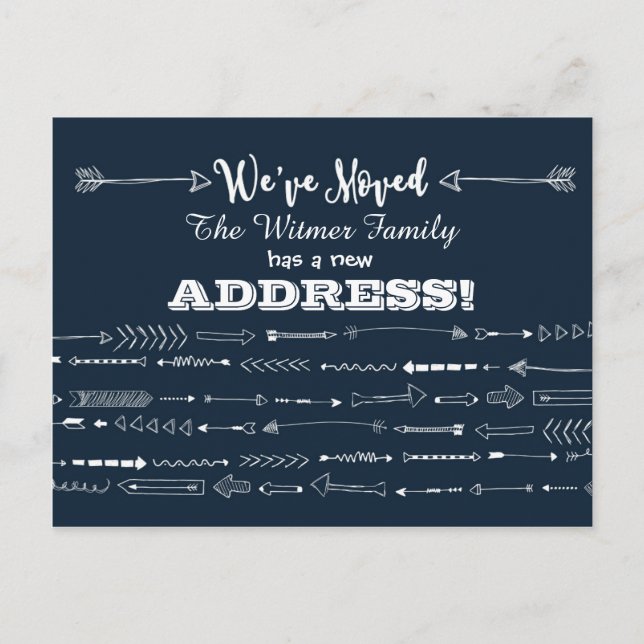 Navy Blue Modern Arrows Doodle Moving Announcement (Front)