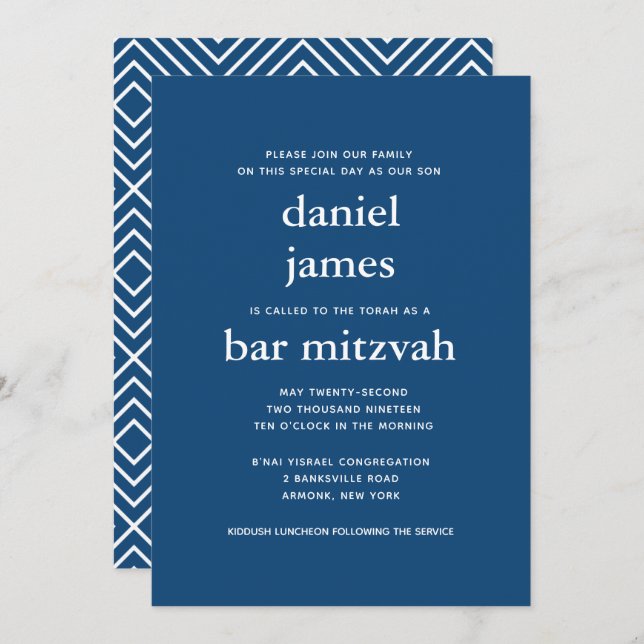 Navy Blue Modern Bar Mitzvah II Invitation (Front/Back)