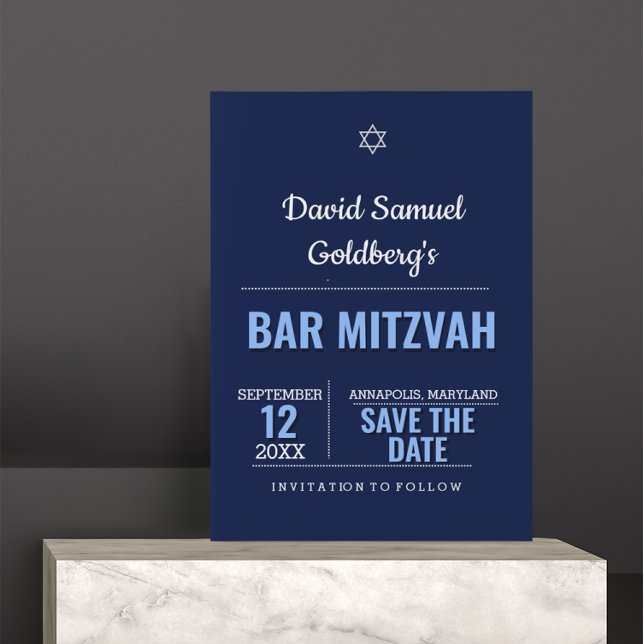 Navy Blue Modern Bar Mitzvah Save the Date Card (Creator Uploaded)