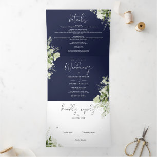 Navy Blue Modern Botanical Greenery Photo Wedding Tri-Fold Invitation
