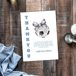 Navy Blue Modern Bow Soccer Sport Boy Baby Shower Thank You Card