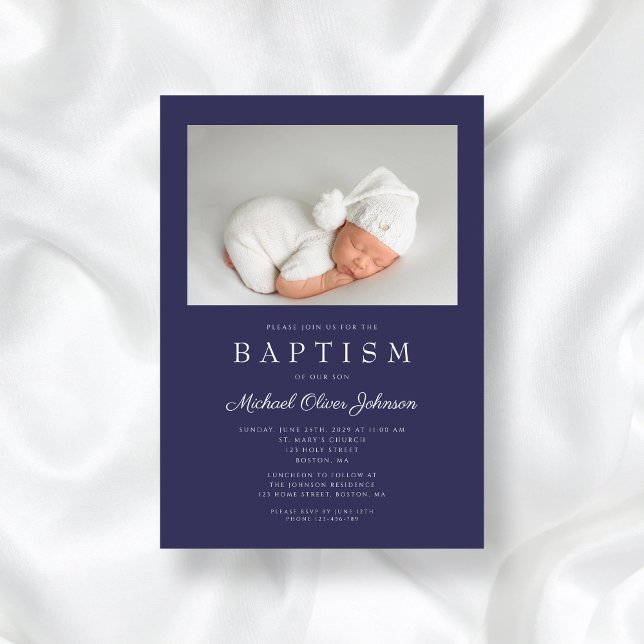 Navy Blue Modern Boy Photo Baptism Invitation (Navy Blue Modern Boy Photo Baptism Invitation)