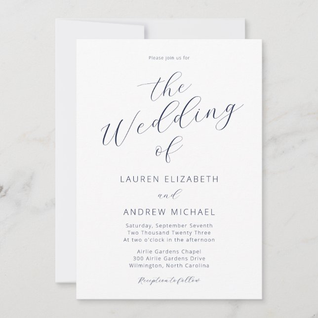 Navy Blue Modern Calligraphy Script Wedding Invitation (Front)