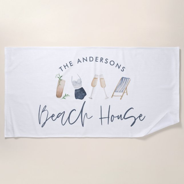 Navy blue modern champagne script beach house beach towel (Front)