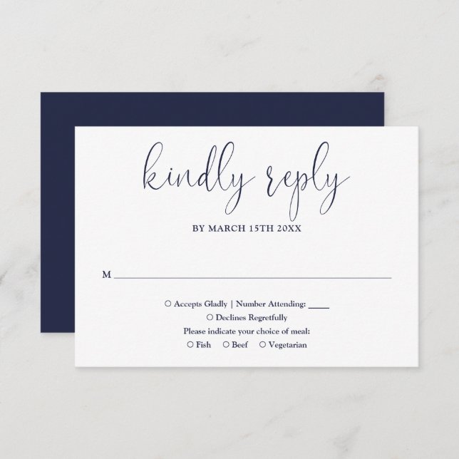 Navy Blue Modern Chic Elegant Script Wedding RSVP Card (Front/Back)