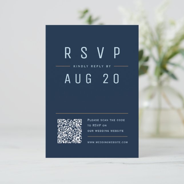 Navy Blue Modern Chic Simple Typography QR code RSVP Card (Standing Front)