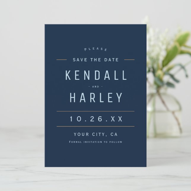 Navy Blue Modern Chic Typography Simple Photo Save The Date (Standing Front)