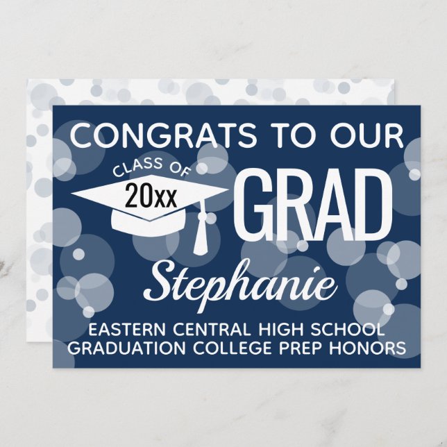 Navy Blue Modern Confetti Bokeh Bubbles Graduation Invitation (Front/Back)