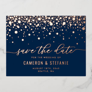 Navy Blue Modern Confetti Rose Gold Save the Date Foil Invitation Postcard