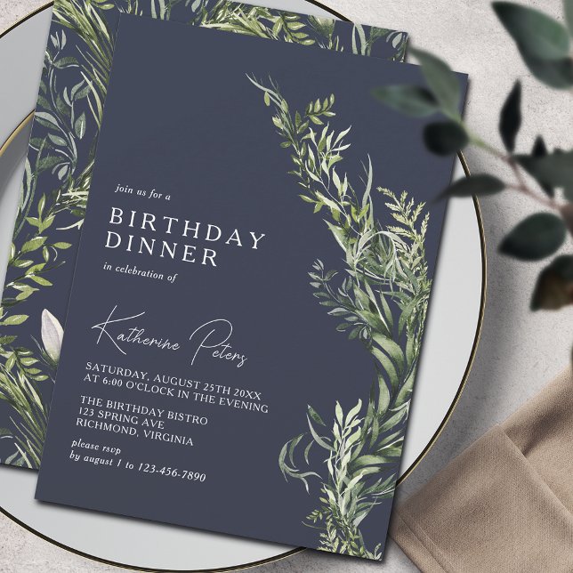 Navy Blue Modern Elegant Botanical Birthday Dinner Invitation (Creator Uploaded)
