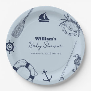 Navy Blue Modern Elegant Fishing Boy Baby Shower Paper Plate