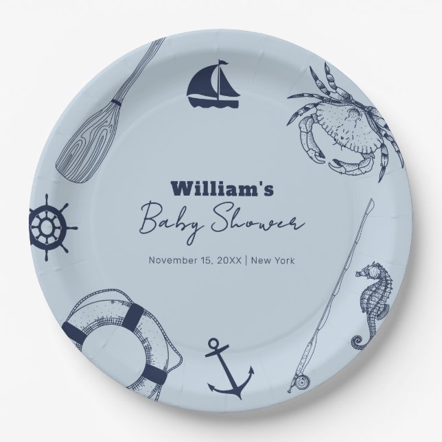 Navy Blue Modern Elegant Fishing Boy Baby Shower Paper Plate (Front)