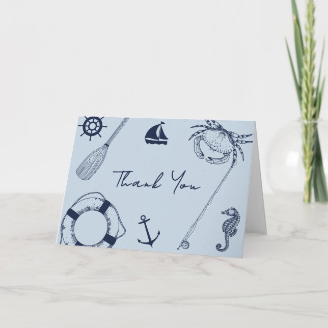 Navy Blue Modern Elegant Fishing Boy Baby Shower Thank You Card (Front)