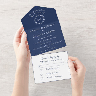 Navy Blue Modern Elegant Simple Wedding All In One Invitation