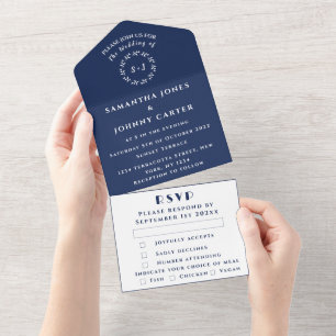 Navy Blue Modern Elegant Simple Wedding All In One Invitation