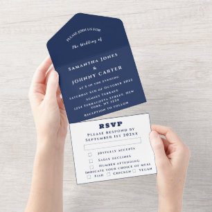 Navy Blue Modern Elegant Simple Wedding All In One Invitation