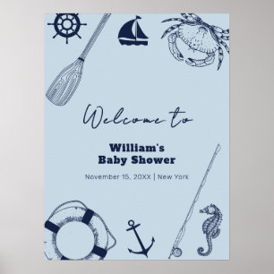 Navy Blue Modern Fishing Boy Baby Shower  Welcome  Poster