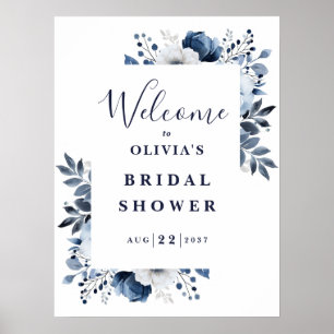 Navy Blue Modern Floral Bridal Shower Welcome Sign