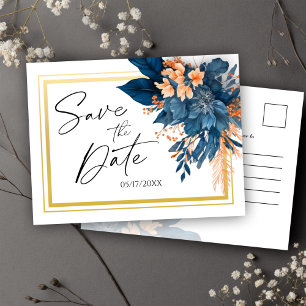 Navy Blue Modern Floral Wedding Save The Date Announcement Postcard
