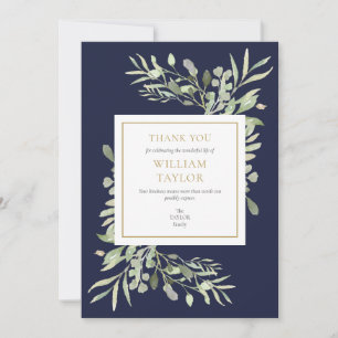 Navy Blue Modern Funeral Memorial Greenery Thank You Card