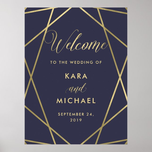 Navy Blue Modern Gold Diamond Wedding Welcome Poster (Front)