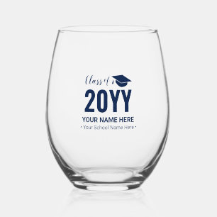 Navy Blue   Modern Graduation Gift Custom Text Stemless Wine Glass