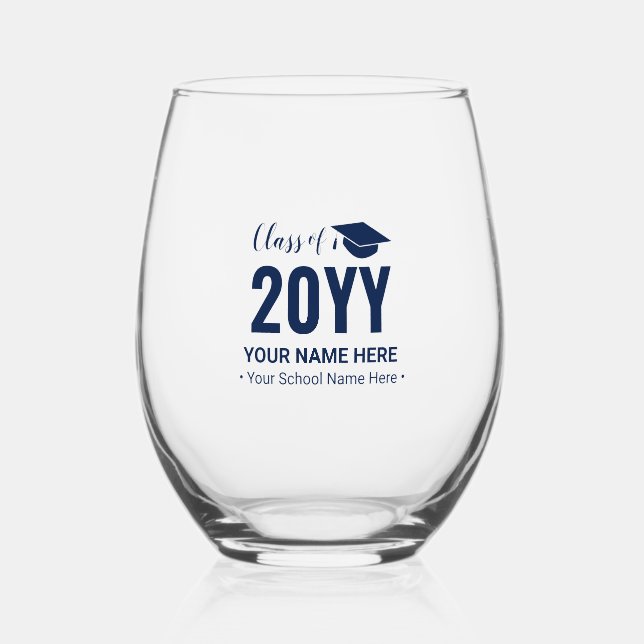 Navy Blue | Modern Graduation Gift Custom Text Stemless Wine Glass (Front)