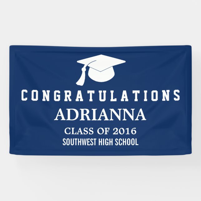 Navy Blue Modern Graduation Hat Congratulations Banner (Horizontal)