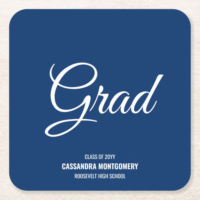 Navy Blue Modern Graduation Party Square Paper Coaster (Front)