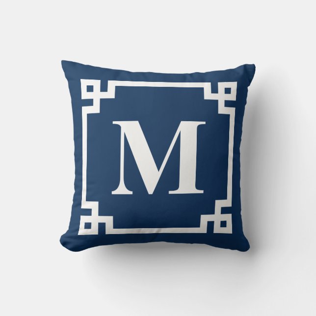 Navy Blue Modern Greek Key Border Monogram Cushion (Front)