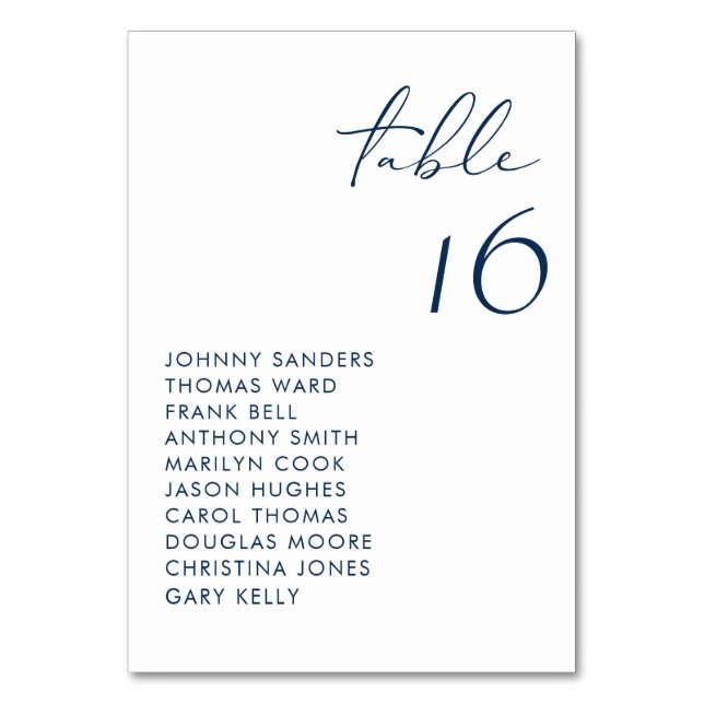 Navy Blue Modern Handwritten Script Wedding Table Number (Front)