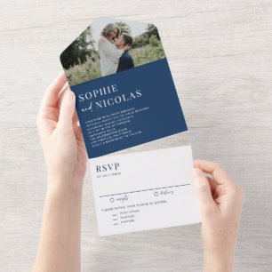 Navy Blue Modern Handwritting Photo Wedding All In One Invitation