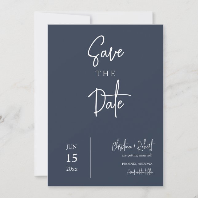 Navy Blue Modern Minimal Boho Save the Date Photo Invitation (Front)