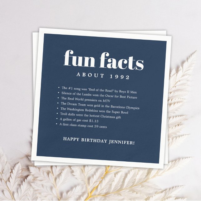 Navy Blue Modern Minimal Fun Facts Birthday Year Napkin (Creator Uploaded)