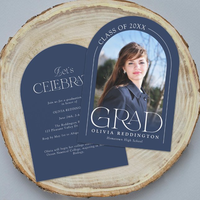 Navy Blue Modern Minimal Photo Arch Grad Party  Invitation (Creator Uploaded)