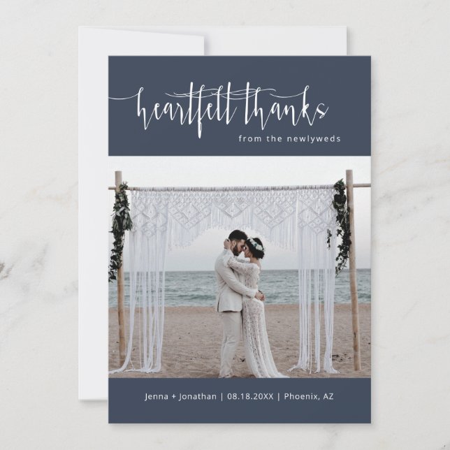 Navy Blue Modern Minimal Script Wedding Photo Flat Thank You Card (Front)