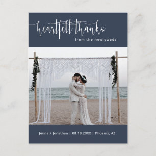 Navy Blue Modern Minimal Wedding Photo Thank You Postcard