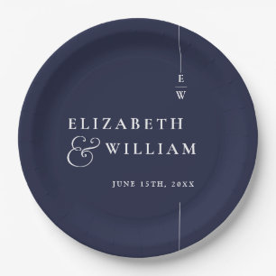 Navy Blue Modern Minimalist Monogram Wedding Paper Plate