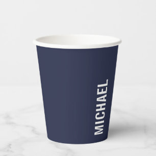 Navy Blue Modern Minimalist Personalised Name Paper Cups