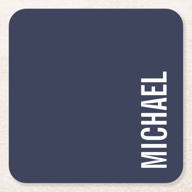 Navy Blue Modern Minimalist Personalised Name Square Paper Coaster (Front)
